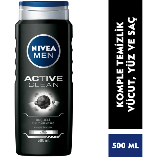 NIVEA Men Active Clean Duş Jeli 500ml;3'ü 1 Arada Komple Bakım; Vücut; Saç ve Yüz için;Doğal Aktif Karbon İçerir