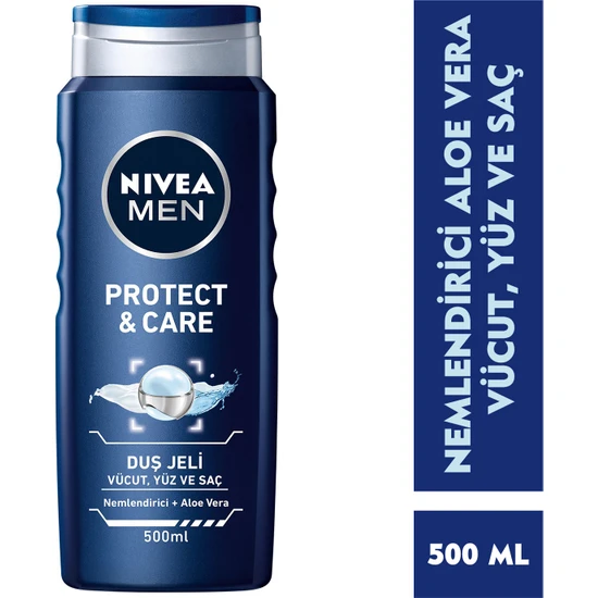 NIVEA Men Protect&Care Duş Jeli 500ml; 3'ü 1 Arada Komple Bakım; Vücut; Saç ve Yüz için;Aloe Vera ile Nemlendirici Etki