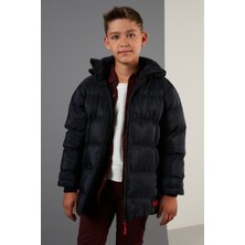 Lela İçi Peluş Astarlı Çıkarılabilir Kapüşonlu Şişme Mont Erkek Çocuk Midi Boy Düz Desen