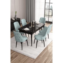 Canisa Concept Are SERISI 80 x 132 cm Mdf Açılabilir Siyah Mermer Desen Masa Takımı  6 Sandalye Gümüş Halkalı