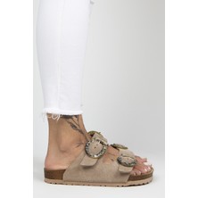 Manijero Drina Kadın  Deri Çift Tokalı Vizon Terlik