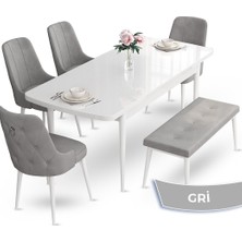 Canisa Concept Nev Serisi  80 x 132 cm Açılabilir Beyaz Mutfak Masa Takımı  4 Sandalye Gümüş Halkalı 1 Bench