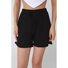 Kasheha Siyah Kalın Bağcıklı Beli Lastikli Dokuma Viskon Şort - KSH00194