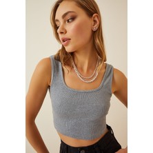 Kasheha  Gri U Yaka Crop Fitilli Kaşkorse Triko Bluz - KSH00196