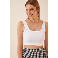 Kasheha  Ekru U Yaka Crop Fitilli Kaşkorse Triko Bluz - KSH00196