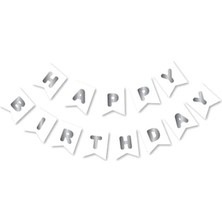 Parti Sürprizi Beyaz Üzeri Gümüş Happy Bırthday Yaldızlı Banner