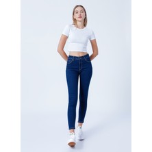 Fashion Friends Yüksek Bel Dar Paça Skinny Fit Koyu Mavi Kadın Denim Pantolon 22K0565K1