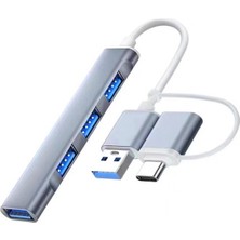 Ally A-806 4 In 1 Type-C + USB Girişli USB 3.0 Çoğaltıcı Hub Adaptör Çevirici