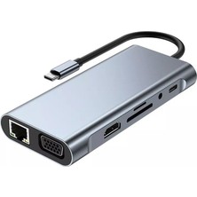 PrimeX Plus PX-U525 11 In 1 Macbook Ultrabook Type C Docking Type C To 4K@30Hz Gri Metal Pd Charge Hdmı Vga Audio Sd/tf Card Usb3.0 RJ45 Type C Adaptör