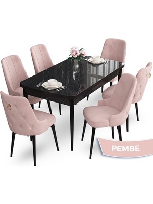 Canisa Concept Nev Serisi 80 x 132 cm Açılabilir Siyah Mermer Desen Masa Takımı 6 Sandalye Gold Halkalı