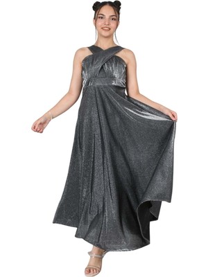 Kız Çocuk Monoray Saten Simli Kumaş Astarlı Abiye Gece Mezuniyet Elbisesi-ABY-0027