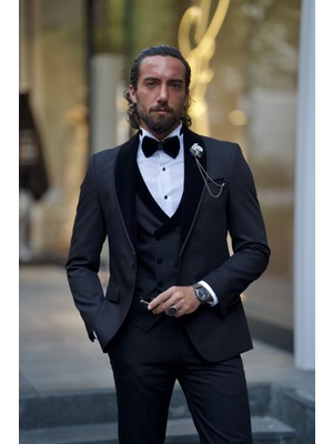 Sardınelli Siyah Saten Yaka Detay Tasarım Damatlık Erkek Beden 52 Dar Kesim Model