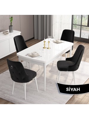 Canisa Concept Are Serisi  80 x 132 cm Açılabilir Mdf Masa  Beyaz Mutfak Masa Takımı  4 Sandalye Gümüş Halkalı