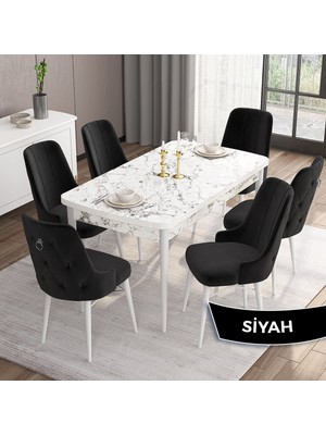Canisa Concept Are Serisi  80 x 132 cm Açılabilir Mdf Beyaz Mermer Desen Masa Takımı  6 Sandalye Gümüş Halkalı