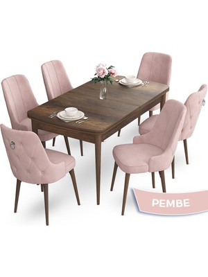 Canisa Concept Nev Serisi  80 x 132 cm Açılabilir Barok Ahşap Desen Masa Takımı  6 Sandalye Gümüş Halkalı