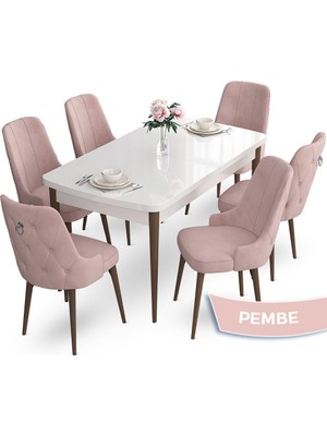 Canisa Concept Nev Serisi  80 x 132 cm Açılabilir Beyaz Masa Ceviz Ayak Masa Takımı  6 Sandalye Gümüş Halkalı