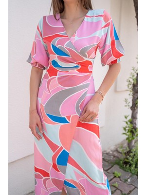 Elbee Fashion Woman Desenli Yırtmaçlı Elbise - Pembe