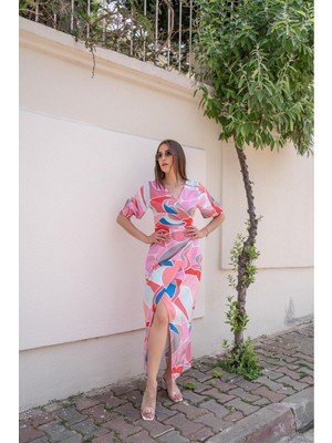 Elbee Fashion Woman Desenli Yırtmaçlı Elbise - Pembe