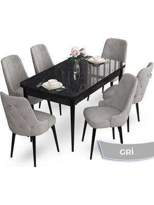 Canisa Concept Nev Serisi  80 x 132 cm Açılabilir Siyah Mermer Desen Masa Takımı  6 Sandalye Gümüş Halkalı