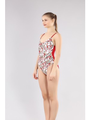 RUKO 2263-1 KIZ ÇOCUK ÇİÇEKLİ KIRMIZI MAYO