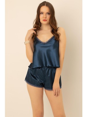 Doremi Lacivert Kadın Saten Şortlu Takım Polyester İnce Askılı ve Dantel Detaylı