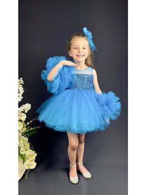 Mnk Baby & Kids Mnk Baby Şifon Robalı Ponpon Kol Pul Payetli Kız Çocuk Kabarık Etek Tütülü Abiye