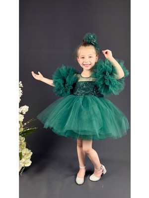 Mnk Baby & Kids Mnk Baby Şifon Robalı Ponpon Kol Pul Payetli Kız Çocuk Kabarık Etek Tütülü Abiye