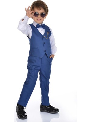 Mnk Baby Koyu Mavi Yelekli Smokin Erkek Çocuk Takım 5 Yaş Zincir Aksesuar ile Şık Tasarım