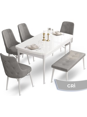 Canisa Concept Taç Serisi  80 x 132 cm Beyaz Mutfak Masa Takımı  4 Sandalye Gümüş Halkalı ve 1 Bench
