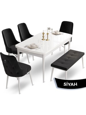 Canisa Concept Taç Serisi  80 x 132 cm Beyaz Mutfak Masa Takımı  4 Sandalye Gümüş Halkalı ve 1 Bench