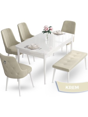 Canisa Concept Nev Serisi  80 x 132 cm Açılabilir Beyaz Mutfak Masa Takımı  4 Sandalye Gümüş Halkalı 1 Bench