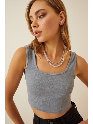 Kasheha  Gri U Yaka Crop Fitilli Kaşkorse Triko Bluz - KSH00196