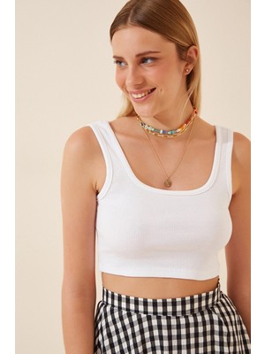 Kasheha  Ekru U Yaka Crop Fitilli Kaşkorse Triko Bluz - KSH00196