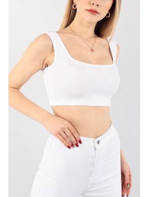 Kasheha  Beyaz U Yaka Crop Fitilli Kaşkorse Triko Bluz - KSH00196