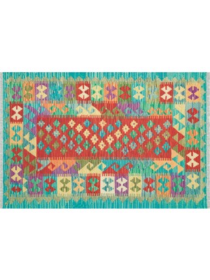 Rugs Modern  desenli Yeşil Pamuklu Çok Renkli Otantik ve Etnik Kilim