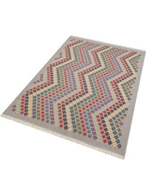 Cotton 518 Gri Renkli Desenli Saçaklı Kilim