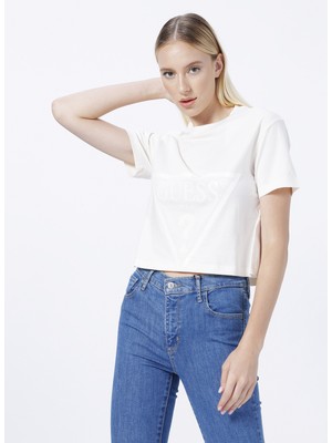 Guess Bisiklet Yaka Baskılı Krem Kadın T-Shirt V2YI06K8HM0-ADELE Crop T-Shırt