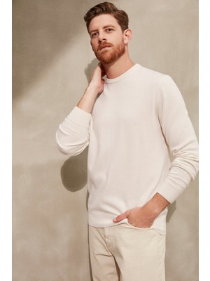 Silk And Cashmere Ekru Saf Kaşmir Gregory Yuvarlak Yaka Uzun Kollu Erkek Kazak
