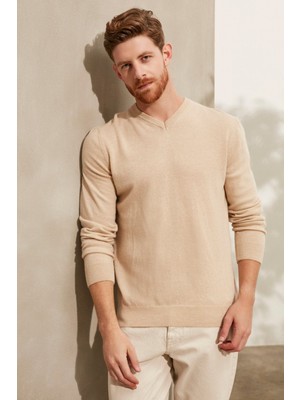 Silk And Cashmere Kum Beji Saf Kaşmir Gregory V Yaka Uzun Kollu Erkek Kazak