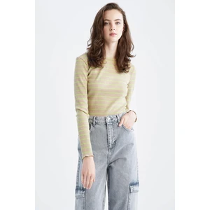 Fitted Bisiklet Yaka Çizgili Uzun Kollu Tişört Y9401AZ22AU