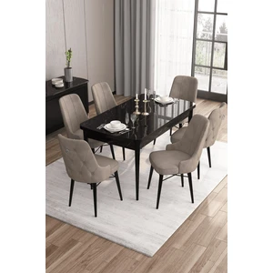 Concept Are SERISI 80 x 132 cm Mdf Açılabilir Siyah Mermer Desen Masa Takımı  6 Sandalye Gümüş Halkalı
