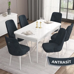 Concept Are Serisi  80 x 132 cm Açılabilir Mdf Masa  Beyaz Mutfak Masa Takımı  6 Sandalye Gümüş Halkalı