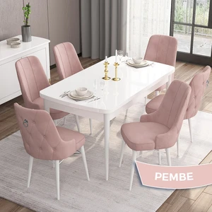 Concept Are Serisi  80 x 132 cm Açılabilir Mdf Masa  Beyaz Mutfak Masa Takımı  6 Sandalye Gümüş Halkalı