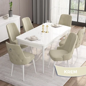 Concept Are Serisi  80 x 132 cm Açılabilir Mdf Masa  Beyaz Mutfak Masa Takımı  6 Sandalye Gümüş Halkalı