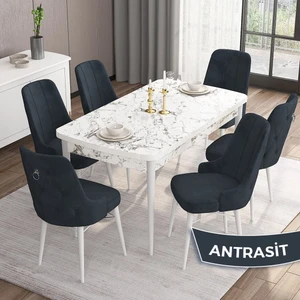 Concept Are Serisi  80 x 132 cm Açılabilir Mdf Beyaz Mermer Desen Masa Takımı  6 Sandalye Gümüş Halkalı