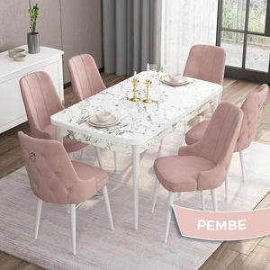 Concept Are Serisi  80 x 132 cm Açılabilir Mdf Beyaz Mermer Desen Masa Takımı  6 Sandalye Gümüş Halkalı