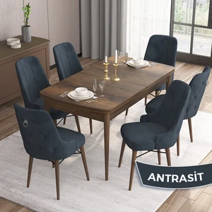 Concept Are Serisi  80 x 132 cm Mdf Masa  Barok Ahşap Desen Masa Takımı  6 Sandalye Gümüş Halkalı