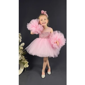 Mnk Baby & Kids Mnk Baby Şifon Robalı Ponpon Kol Pul Payetli Kız Çocuk Kabarık Etek Tütülü Abiye