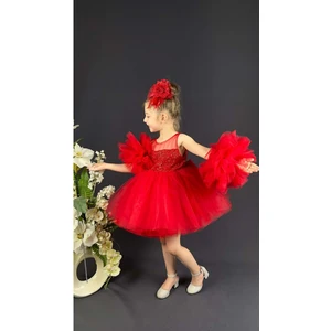 Mnk Baby & Kids Mnk Baby Şifon Robalı Ponpon Kol Pul Payetli Kız Çocuk Kabarık Etek Tütülü Abiye