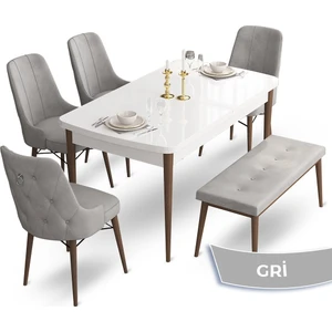 Concept Taç Serisi  80 x 132 cm Beyaz Masa Ceviz Ayak Yemek Masası Takımı  4 Sandalye Gümüş Halkalı ve 1 Bench